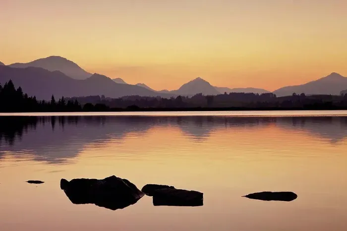 Framed Print : Sunset at a lake, Hopfensee, Ostallgäu, Upper Bavaria, Germany Framed Print : Sunset at a lake, Hopfensee, Ostallgäu, Upper Bavaria, Germany