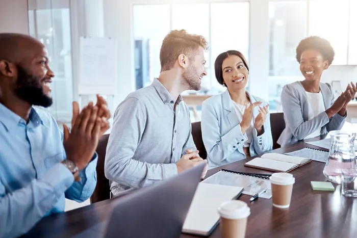 Framed Print : Support, happy or business people clapping in meeting for success Framed Print : Support, happy or business people clapping in meeting for success