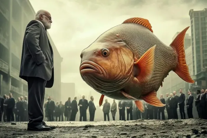 Framed Print : Surreal image of a man and fish in the city symbolizing the realm of dreamlike perception Framed Print : Surreal image of a man and fish in the city symbolizing the realm of dreamlike perception