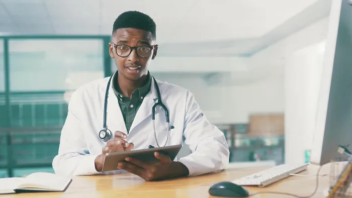 Framed Print : Tablet, black man and portrait of doctor in hospital with medical research for treatment planning Framed Print : Tablet, black man and portrait of doctor in hospital with medical research for treatment planning