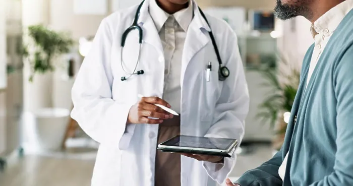 Framed Print : Tablet, hands and patient with doctor in clinic for checkup with cold Framed Print : Tablet, hands and patient with doctor in clinic for checkup with cold