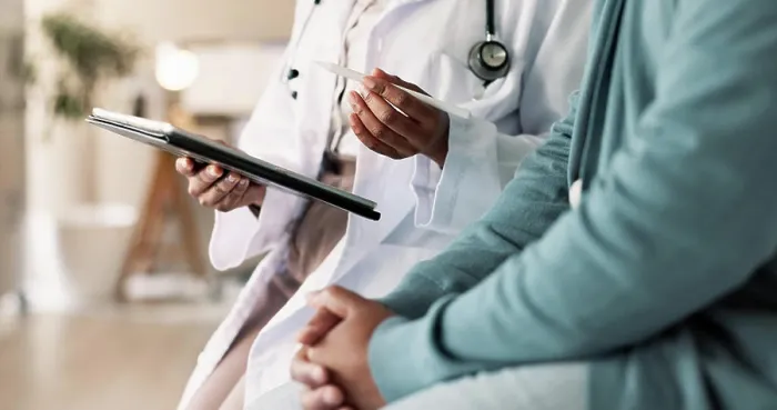 Framed Print : Tablet, hands and patient with doctor for consultation with cold Framed Print : Tablet, hands and patient with doctor for consultation with cold