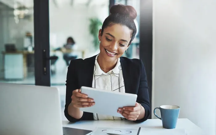 Framed Print : Tablet, internet and smile with business woman at work in office for law firm or case research