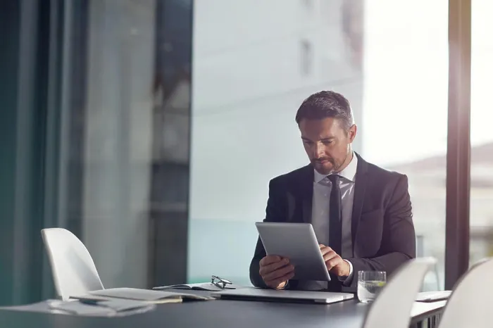 Framed Print : Tablet, office and business man reading email Framed Print : Tablet, office and business man reading email