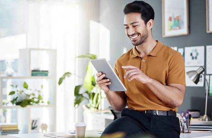 Framed Print : Tablet, office and happy man with online software