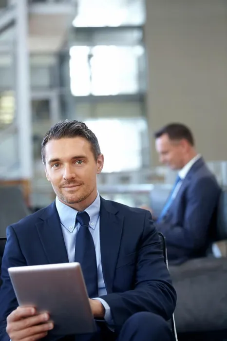Framed Print : Tablet, Portrait or business man with smile in airport lobby for invest strategy Framed Print : Tablet, Portrait or business man with smile in airport lobby for invest strategy