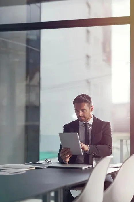 Framed Print : Tablet, search and business man in office for corporate management