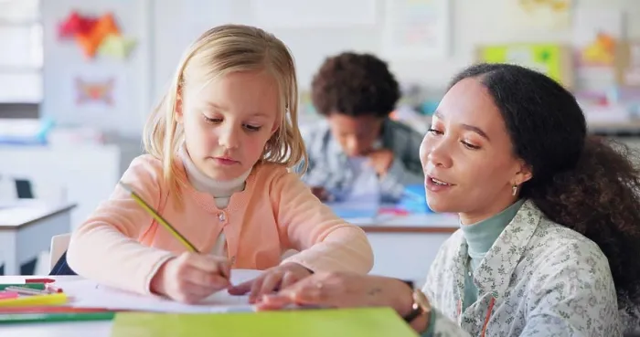 Framed Print : Teacher, girl and help with writing Framed Print : Teacher, girl and help with writing