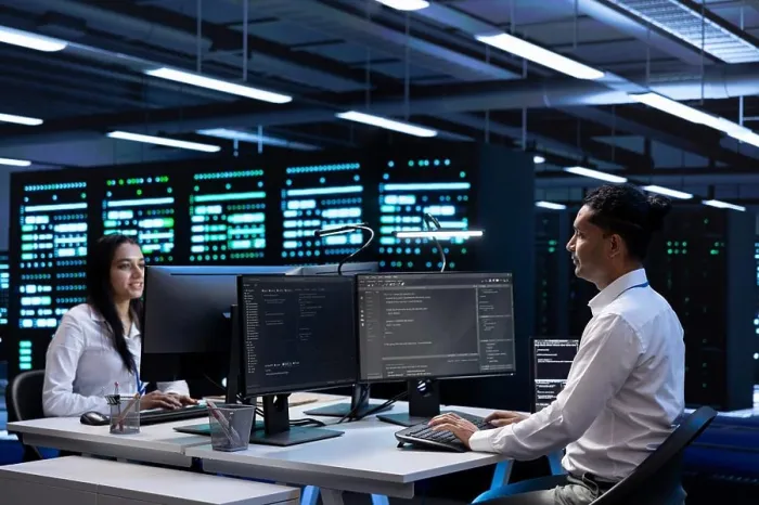 Framed Print : Team of technicians in data center checking equipment performance on computer after upgrading infrastructure