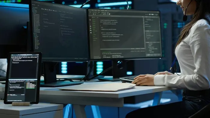 Framed Print : Technician in data center provides technical support to users Framed Print : Technician in data center provides technical support to users