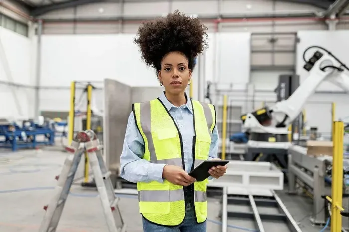 Framed Print : Technician holding tablet PC standing in factory