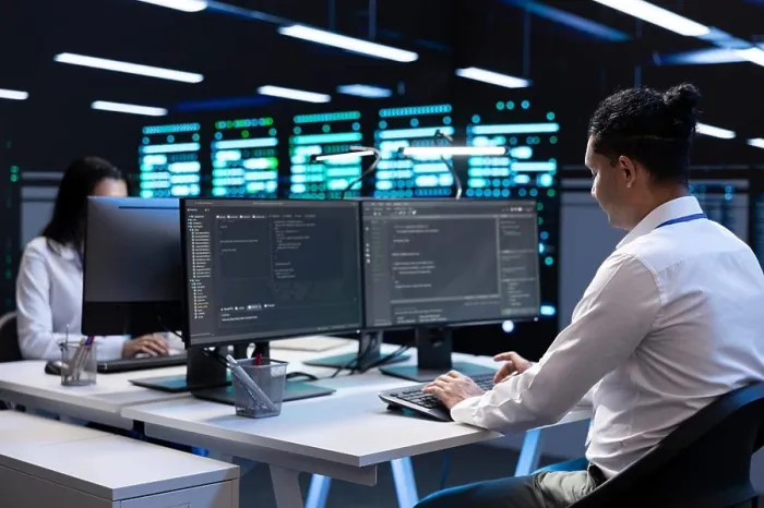 Framed Print : Technicians in data center workspace running system diagnostic tests and error checking utilities to fix problems
