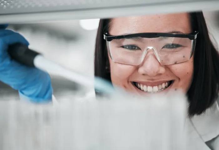 Framed Print : Test tubes, scientist smile and woman with investigation Framed Print : Test tubes, scientist smile and woman with investigation