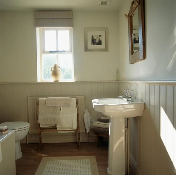Framed Print : Traditional cream bathroom with tongue and groove dado panelling