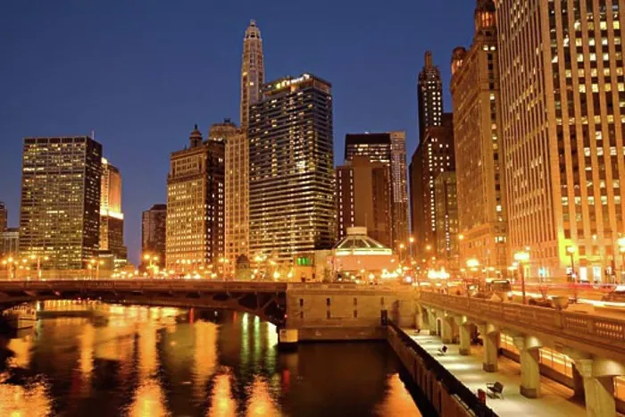 Framed Print : Traffic at Wacker Drive riverfront at dusk, Chicago, Illinois, USA