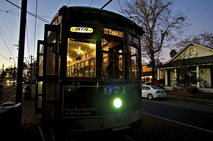 Framed Print : Tram at dusk in a city, New Orleans, Louisiana, USA Framed Print : Tram at dusk in a city, New Orleans, Louisiana, USA