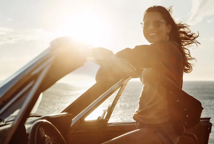 Framed Print : Travel, car and portrait with woman by ocean for outdoor summer sunset Framed Print : Travel, car and portrait with woman by ocean for outdoor summer sunset
