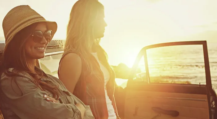 Framed Print : Travel, friends and beach sunset by car for road trip fun