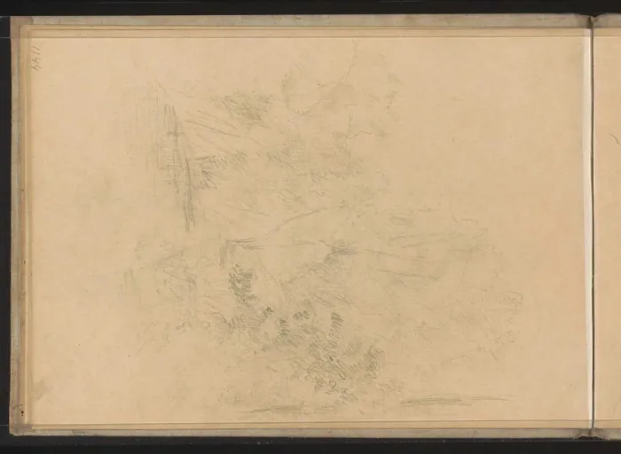 Framed Print : Trees on a waterfront. Leaf 13 Verso from a sketchbook with 18 sheets