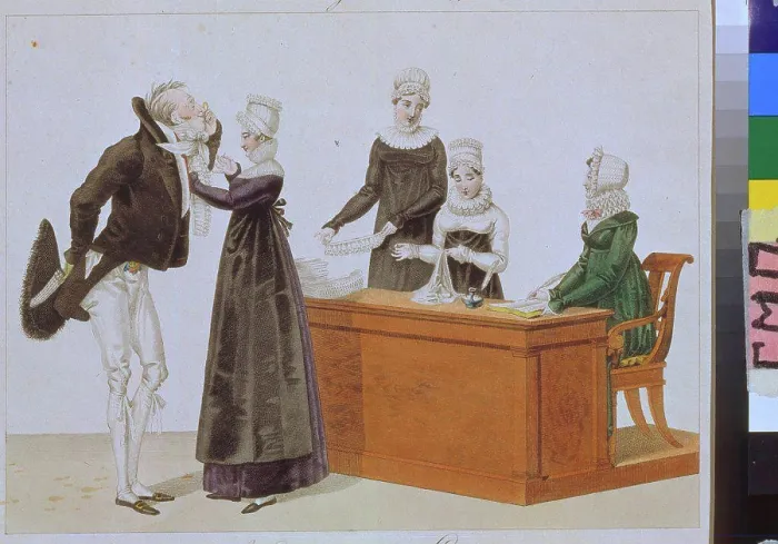 Framed Print : Trying on Jabot by Anonymous / State Museum of A.S. Pushkin, Moscow / c. 1815 / Watercolour on paper / Caricature / Genre Framed Print : Trying on Jabot by Anonymous / State Museum of A.S. Pushkin, Moscow / c. 1815 / Watercolour on paper / Caricature / Genre