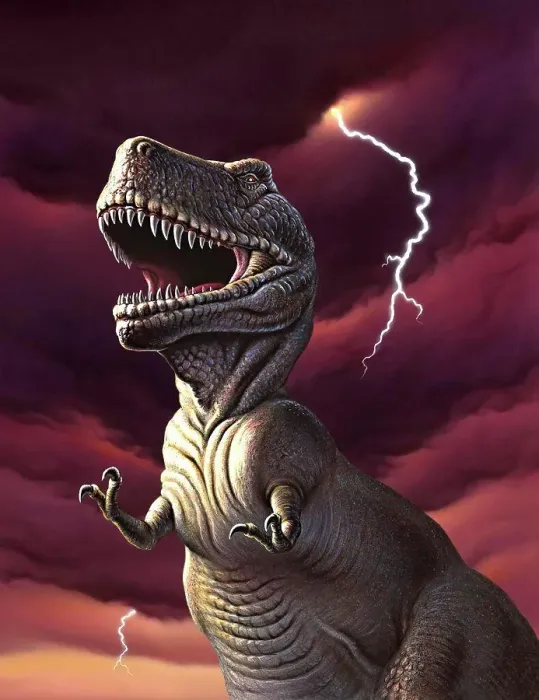 Framed Print : A Tyrannosaurus Rex with a red stormy sky and lightning behind it Framed Print : A Tyrannosaurus Rex with a red stormy sky and lightning behind it