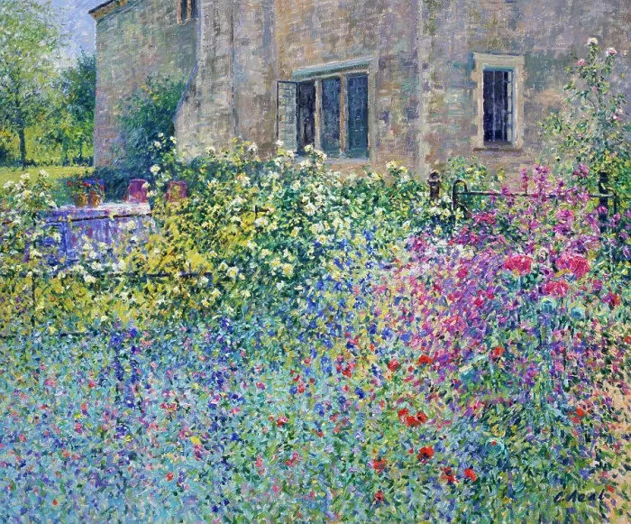 Framed Print : UK, Oxfordshire, Buscot, Scabious, Lock Farm (Morning, June) by Charles Neal, oil on canvas, b.1951 British Framed Print : UK, Oxfordshire, Buscot, Scabious, Lock Farm (Morning, June) by Charles Neal, oil on canvas, b.1951 British