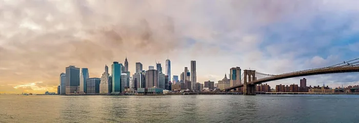 Framed Print : Ultrawide panoramic view of Manhattan from Brooklyn with cloudy sky Framed Print : Ultrawide panoramic view of Manhattan from Brooklyn with cloudy sky