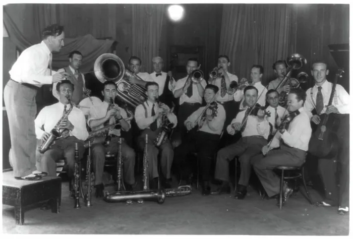 Framed Print : Unidentified band and leader, possibly assembled for a radio program of pupular dance music, ca. 1920 Framed Print : Unidentified band and leader, possibly assembled for a radio program of pupular dance music, ca. 1920