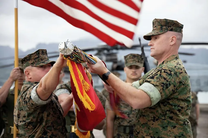 Framed Print : U.S. Marine Heavy Helicopter Squadron 463 leadership case the colors during the deactivation ceremony for HMH-463