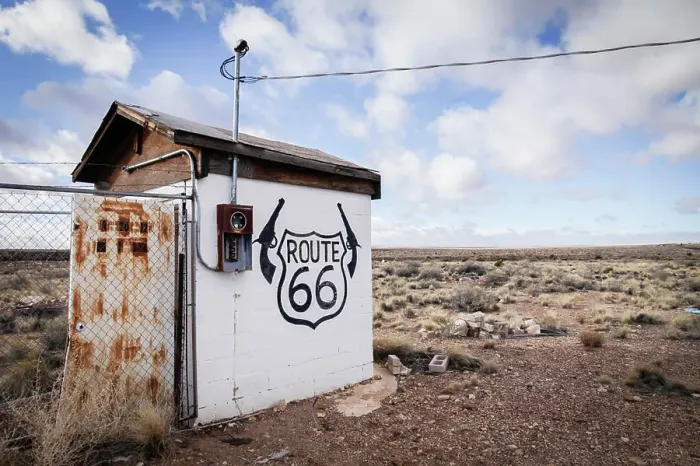Framed Print : USA, Arizona, Two Guns, Route 66 sign on old building