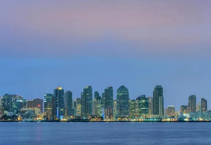 Framed Print : USA, California, Harbor Island, San Diego Skyline at Dawn Framed Print : USA, California, Harbor Island, San Diego Skyline at Dawn