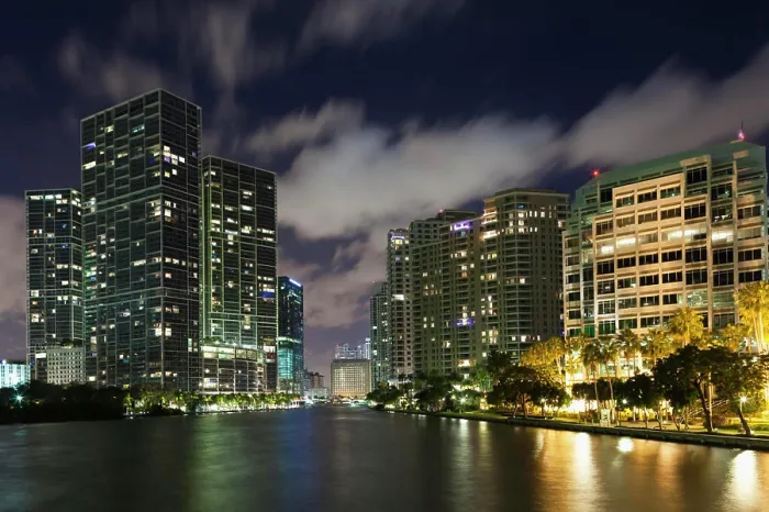 Framed Print : USA, Florida, Miami, city skyline from Brickell Key, evening Framed Print : USA, Florida, Miami, city skyline from Brickell Key, evening