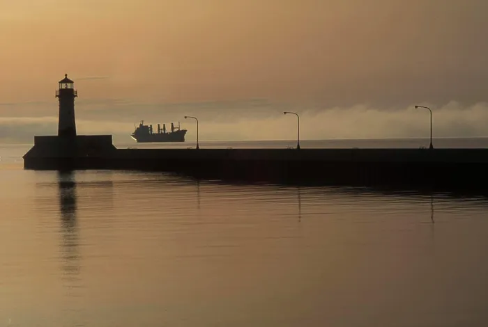 Framed Print : USA, Minnesota, Duluth. Ship at anchor off the Duluth ship canal