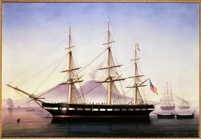 Framed Print : The USS Constellation at Anchor Naples Tomasso Di Simone 1850 Italian