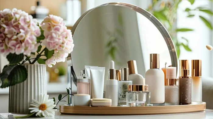 Framed Print : A vanity table with a mirror and various cosmetic products arranged neatly on a wooden tray
