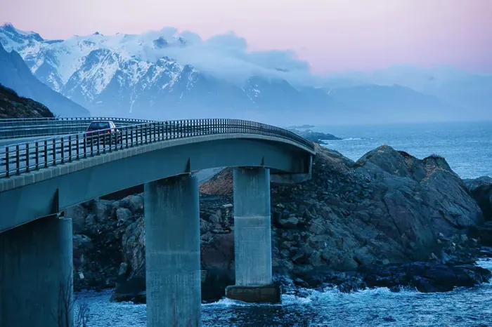 Framed Print : Vehicle crossing coastal bridge at dusk, Reine, Lofoten, Norway