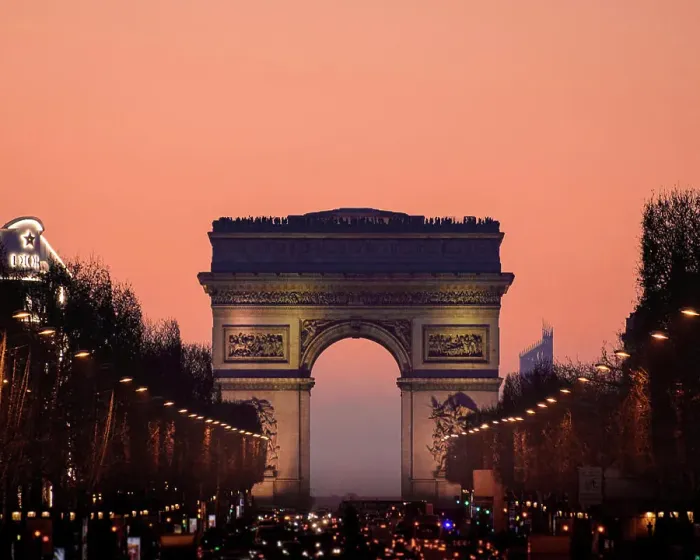 Framed Print : view of arc de triomphe over sunset from champs elysees