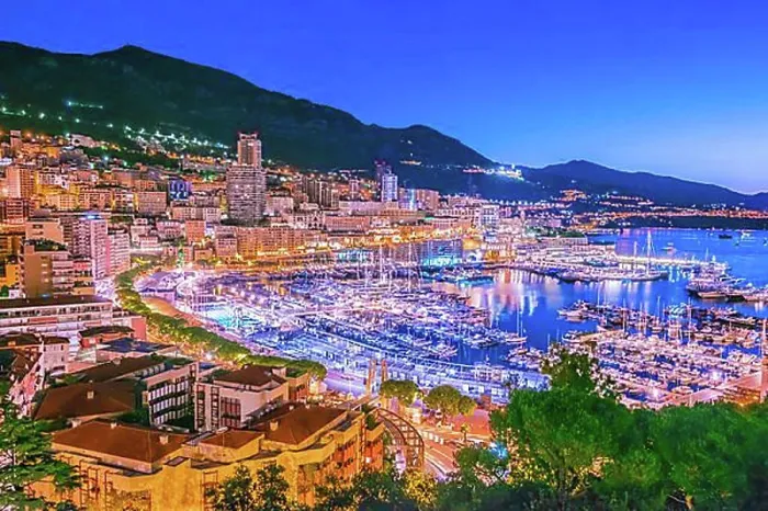 Framed Print : View of the city of Monaco on French Riviera after sunset Framed Print : View of the city of Monaco on French Riviera after sunset