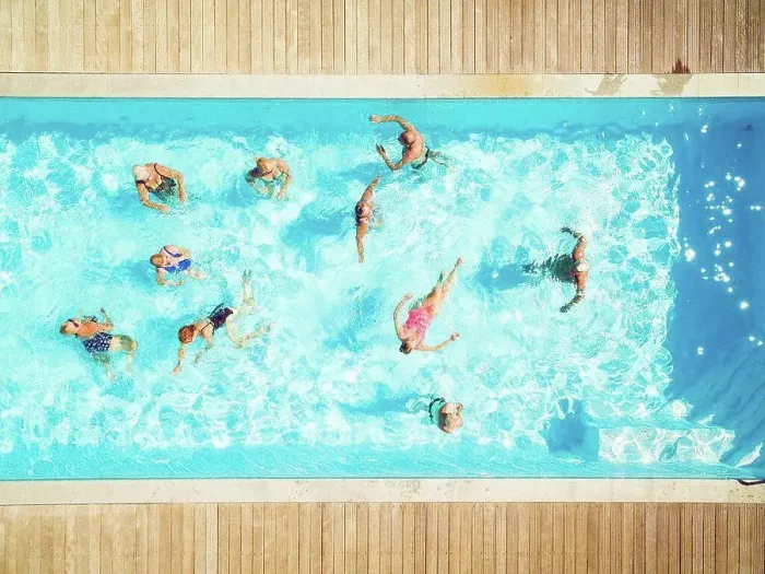 Framed Print : Top view of group of seniors in swimming pool Framed Print : Top view of group of seniors in swimming pool