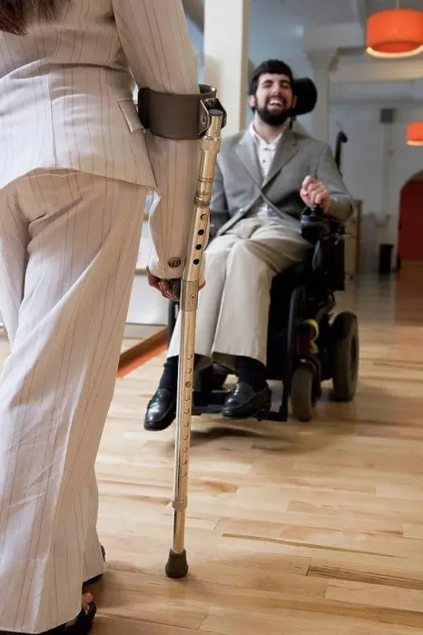 Framed Print : View of a handicapped man and woman in conversation Framed Print : View of a handicapped man and woman in conversation