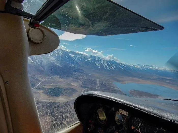 Framed Print : View of lake and mountains from cockpit, Bishop, California, United States Framed Print : View of lake and mountains from cockpit, Bishop, California, United States