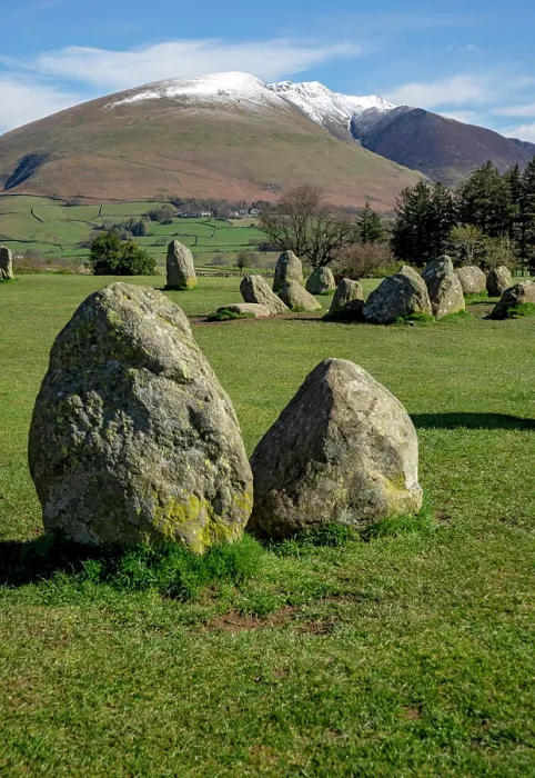 Framed Print : View looking from Castlerigg Stone Circle towards snow topped Blencathra in spring late winter Framed Print : View looking from Castlerigg Stone Circle towards snow topped Blencathra in spring late winter