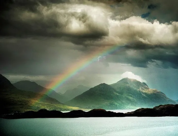 Framed Print : View of rainbow in stormy sky, Highlands, Scotland, UK