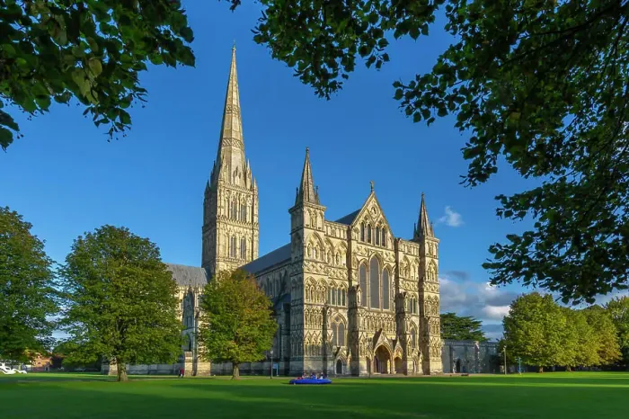Framed Print : View of Salisbury Cathedral framed by trees, Salisbury, Wiltshire, England, United Kingdom, Europe
