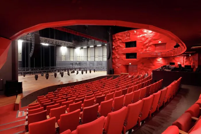 Framed Print : View of stage of large auditorium (grote zaal) with lighting rig from rear of stalls Framed Print : View of stage of large auditorium (grote zaal) with lighting rig from rear of stalls