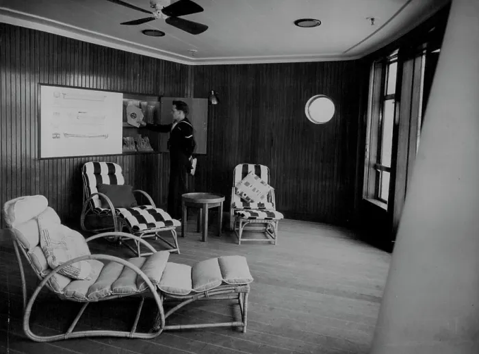 Framed Print : A View of the sun lounge aboard the Royal Yacht Britannia. May 16, 1954. (Photo by The Associated Press Ltd.) Framed Print : A View of the sun lounge aboard the Royal Yacht Britannia. May 16, 1954. (Photo by The Associated Press Ltd.)