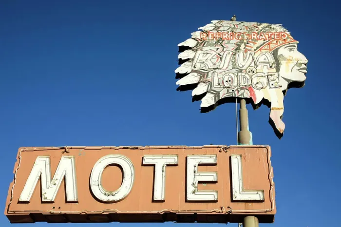 Framed Print : Vintage motel sign with Indian head, Mesa, Arizona. (Editorial Use Only) Framed Print : Vintage motel sign with Indian head, Mesa, Arizona. (Editorial Use Only)