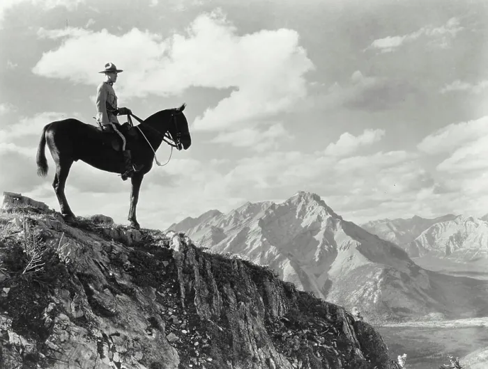 Framed Print : Vintage photograph. A Royal Canadian Mounted Police constable atop Sulphur Mountain in Banff National Park Framed Print : Vintage photograph. A Royal Canadian Mounted Police constable atop Sulphur Mountain in Banff National Park