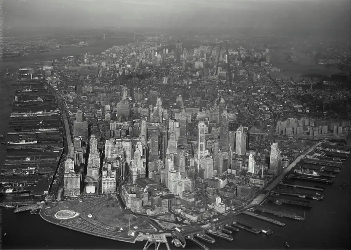 Framed Print : Vintage Photograph. Aerial view of Lower Manhattan showing the Financial District and newly constructed Battery Park Framed Print : Vintage Photograph. Aerial view of Lower Manhattan showing the Financial District and newly constructed Battery Park