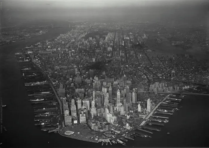 Framed Print : Vintage Photograph. Aerial view of Lower Manhattan showing the Financial District and newly constructed Battery Park Framed Print : Vintage Photograph. Aerial view of Lower Manhattan showing the Financial District and newly constructed Battery Park